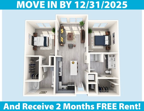 A promotional image for a move-in by December 31, 2025, offering two months free rent.